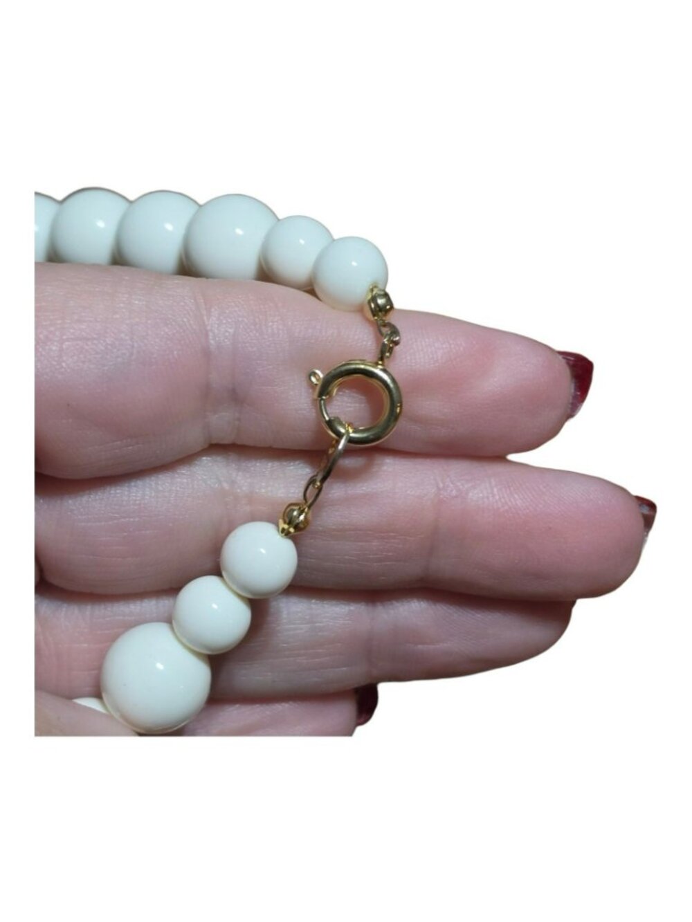 Vintage Pastel Pink White Plastic Bead Necklace Decorative Gold Accents - Picture 4 of 5
